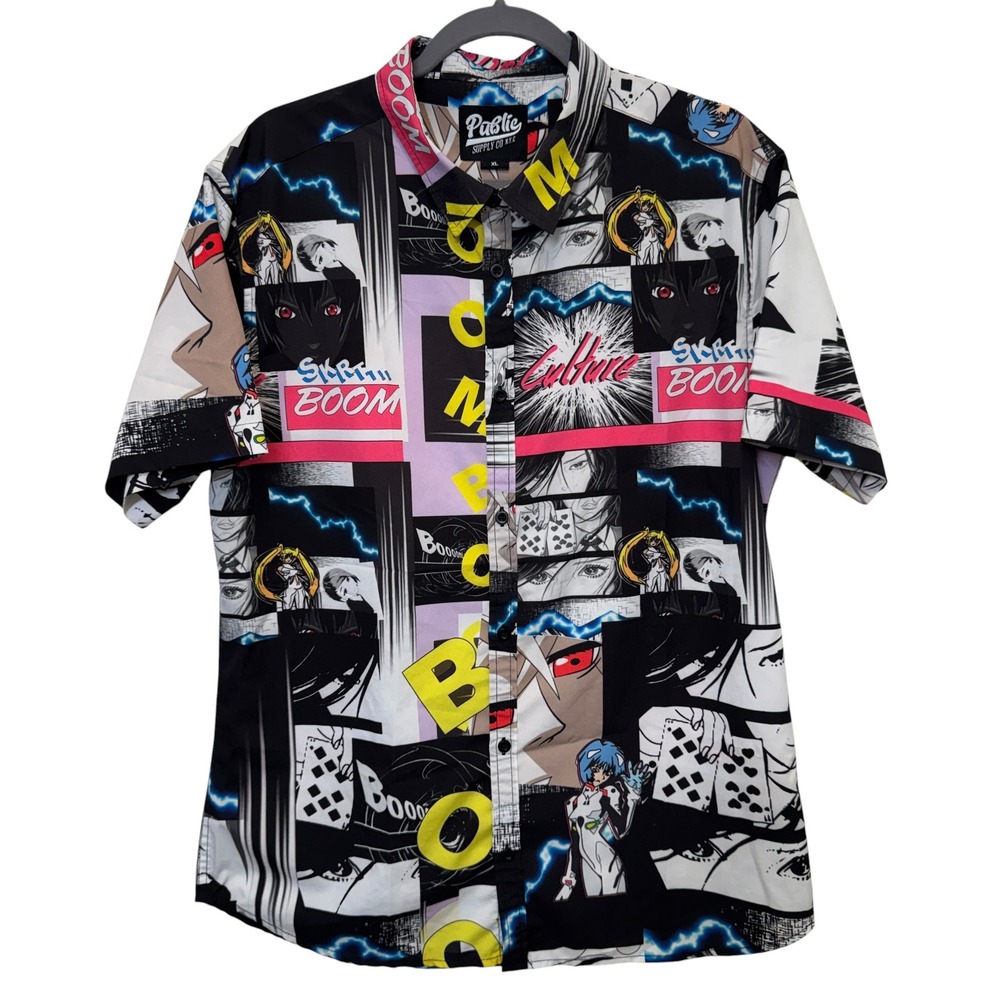 Public Supply Co Mens Button Up Shirt XL Anime Manga Print Streetwear Shirt